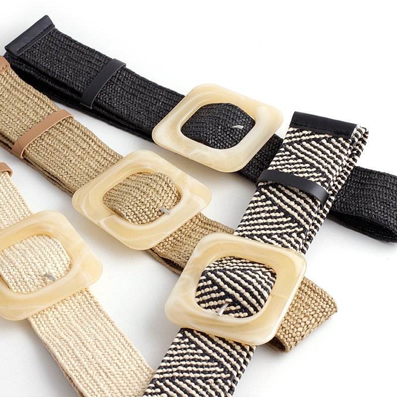 REWIN Women Skinny Dress Belt Wooden Buckle Waist Dress Band Straw Woven Elastic Stretch Waist Belts for Women