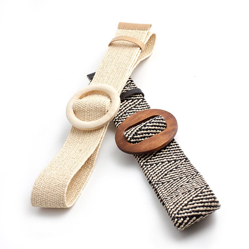 REWIN Women Skinny Dress Belt Wooden Buckle Waist Dress Band Straw Woven Elastic Stretch Waist Belts for Women