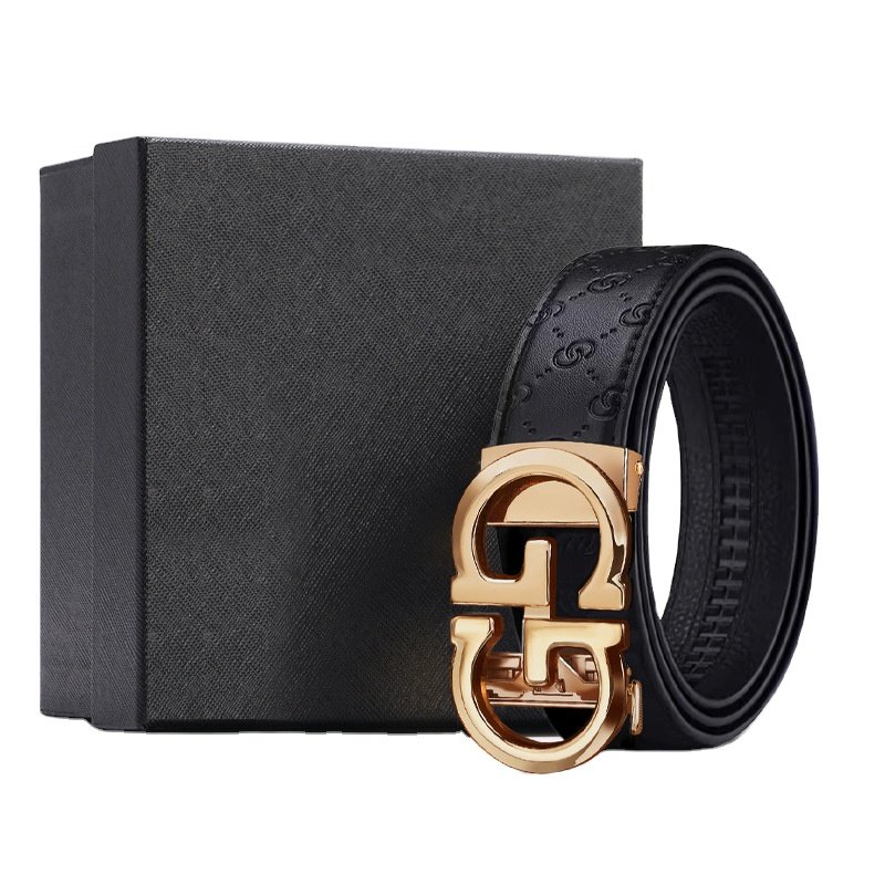 Business Classic Cowhide Men Belt Black Genuine Leather Belts for Men Automatic Ratchet G Buckle Waist Belt Alloy