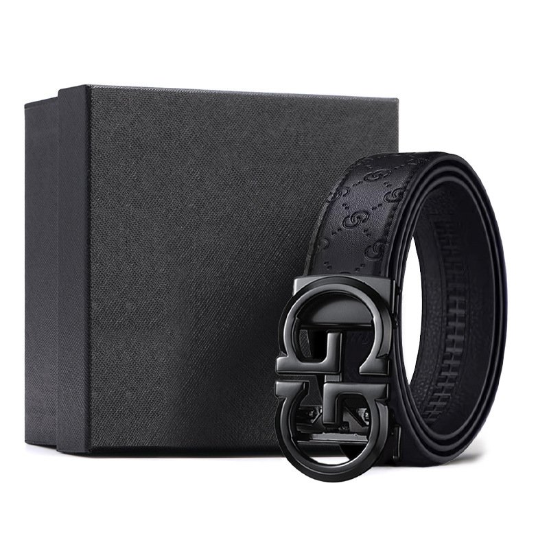 Business Classic Cowhide Men Belt Black Genuine Leather Belts for Men Automatic Ratchet G Buckle Waist Belt Alloy