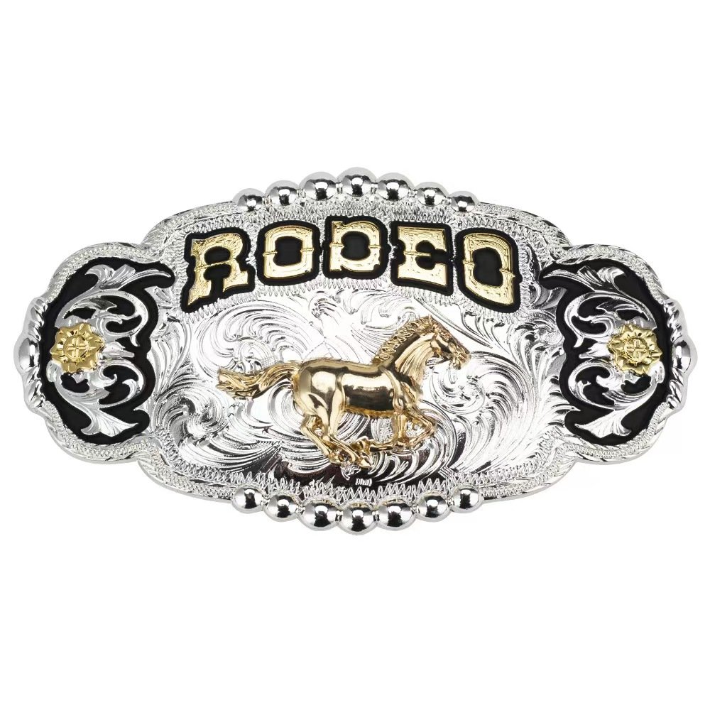 Two tone shiny gold silver western belt buckle fashion designer equestrian decoration buckle denim western belt buckle men