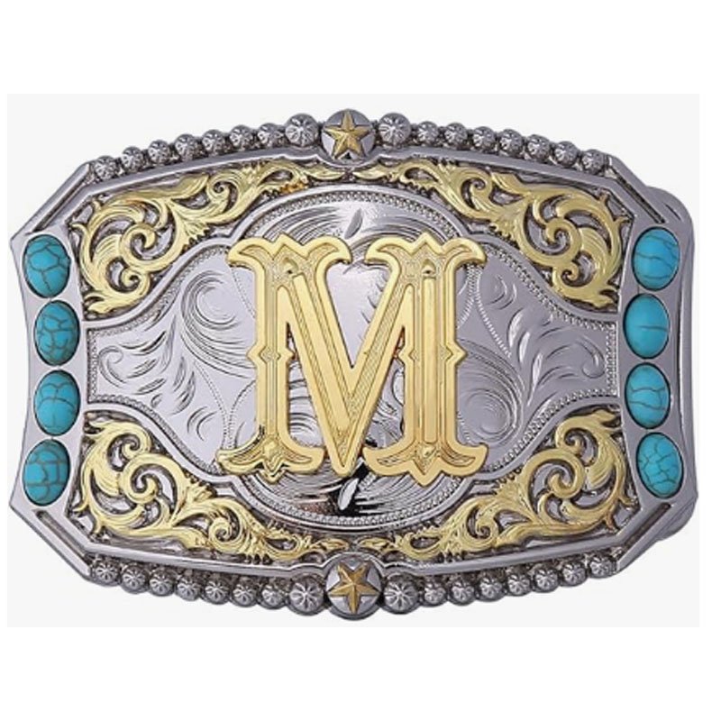 Turquoise Belt Buckle Western Cowboy Rodeo Initial Letters ABCDEFG to Z Belt Buckle for Men