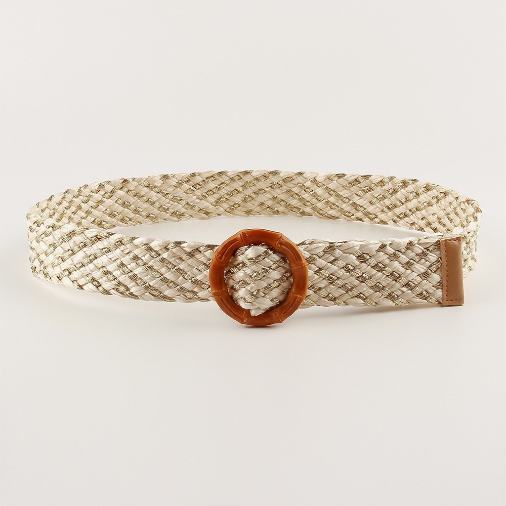 REWIN 2022 New Trend Wide Apricot Shinny Metallic Straw Woven Belts With Wood Bamboo Rings Buckle