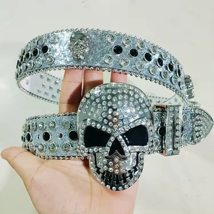 Wholesale Factory Fast Shipment Rhinestone PU Leather Belt With Skull Buckle