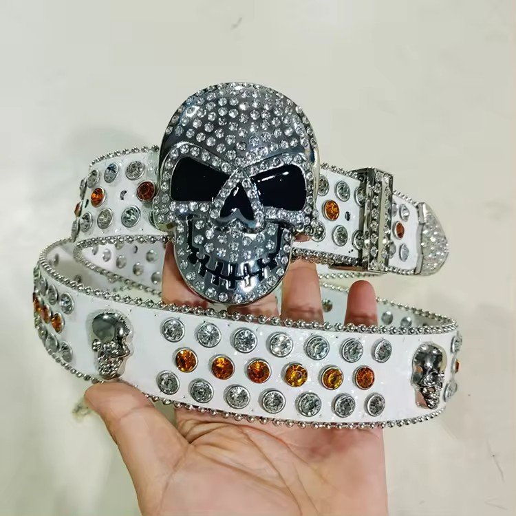 Wholesale Factory Fast Shipment Rhinestone PU Leather Belt With Skull Buckle