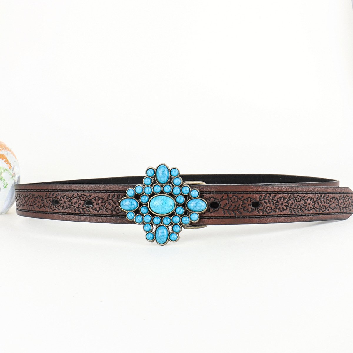 Manufacturer Wholesale Vintage Bohemian Belt Southwestern Cowgirl Carved Flower Turquoise buckle Belts Female