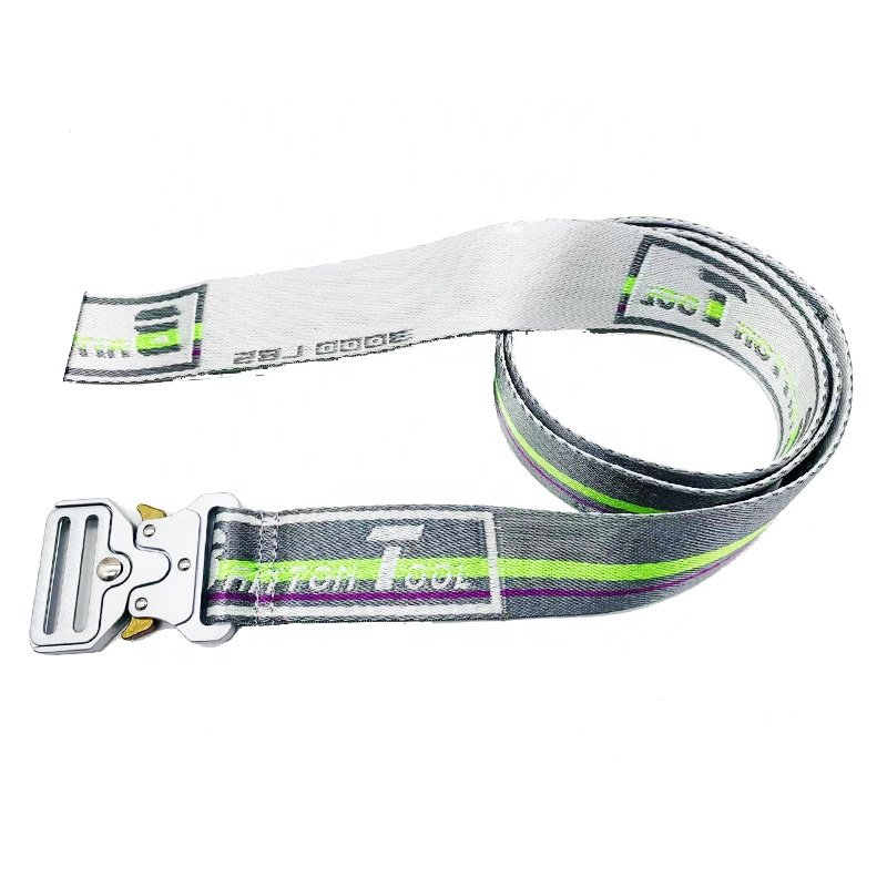 Factory Custom Logo Jacquard Woven Belt Quick Release Metal Buckle Outdoor Polyester Nylon Fabric Tactical Mens Webbing Belt