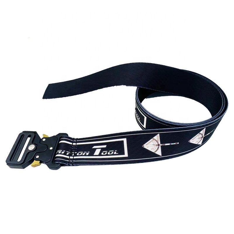 Factory Custom Logo Jacquard Woven Belt Quick Release Metal Buckle Outdoor Polyester Nylon Fabric Tactical Mens Webbing Belt