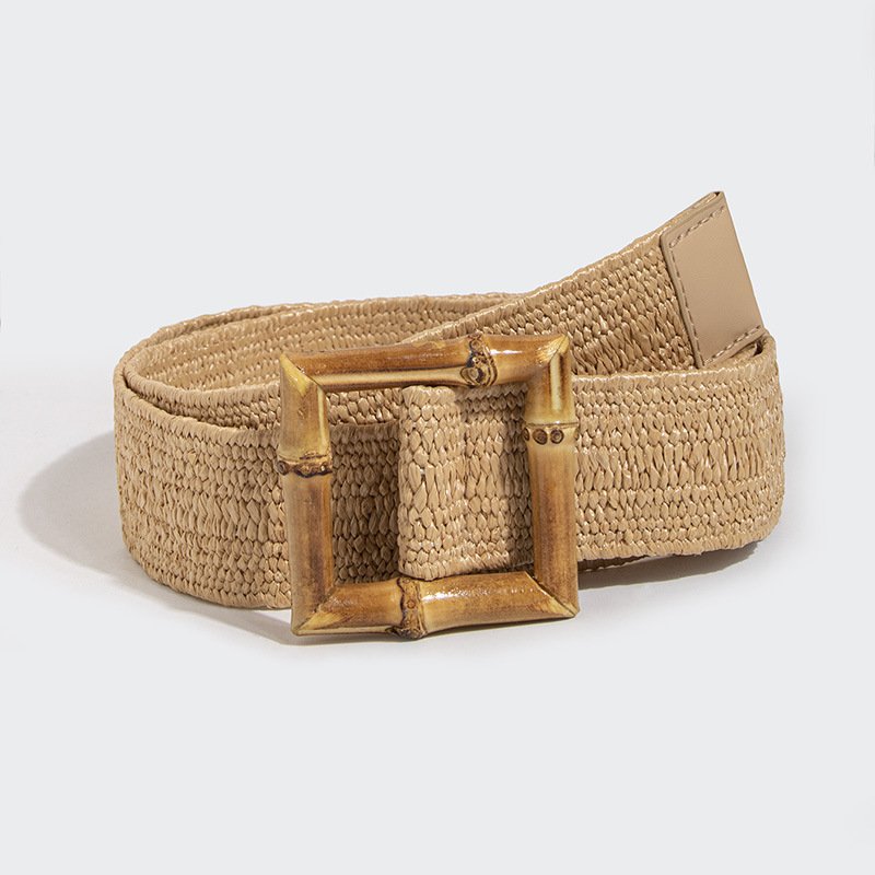 REWIN Bohemian Bamboo Square Buckle Women Woven Rattan Wide Stretch Raffia Straw Belt Waist Belt Accessory for Ladies Dress