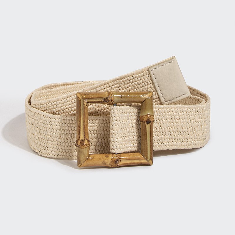 REWIN Bohemian Bamboo Square Buckle Women Woven Rattan Wide Stretch Raffia Straw Belt Waist Belt Accessory for Ladies Dress