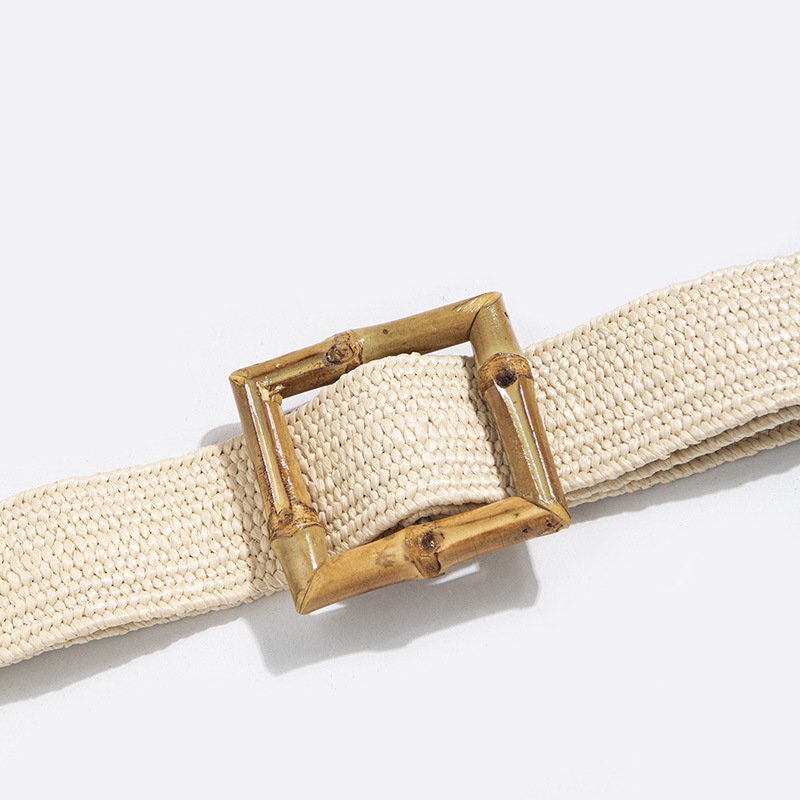 REWIN Bohemian Bamboo Square Buckle Women Woven Rattan Wide Stretch Raffia Straw Belt Waist Belt Accessory for Ladies Dress