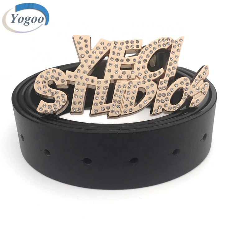 Creative Gold Custom Brand Name Own Design Letter Logo Rhinestone Metal Belt Buckle for Men