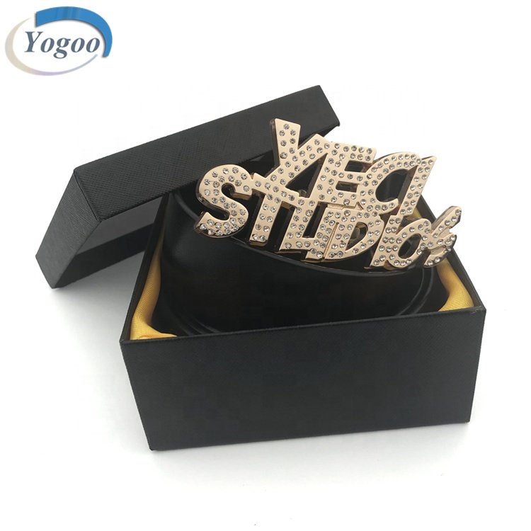 Creative Gold Custom Brand Name Own Design Letter Logo Rhinestone Metal Belt Buckle for Men