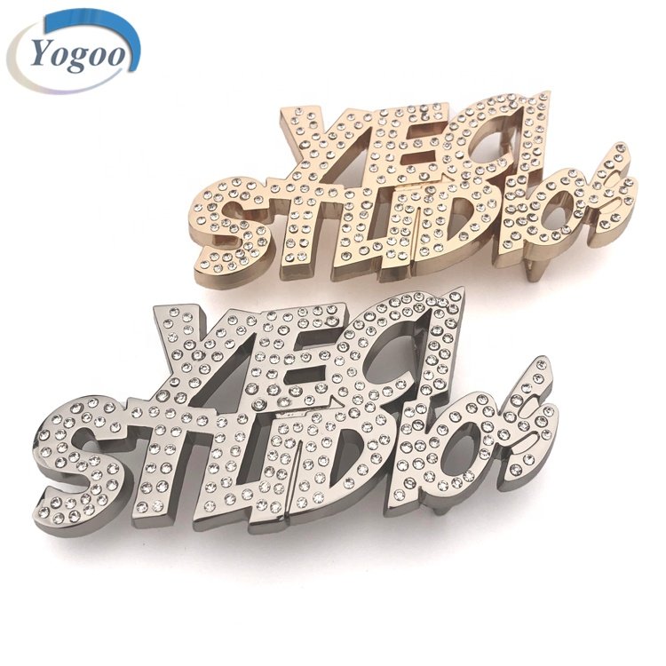 Creative Gold Custom Brand Name Own Design Letter Logo Rhinestone Metal Belt Buckle for Men