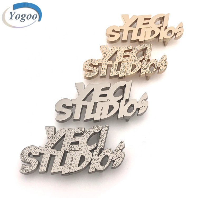 Creative Gold Custom Brand Name Own Design Letter Logo Rhinestone Metal Belt Buckle for Men