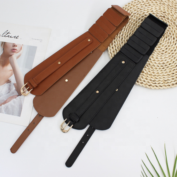 Fashion Ladies Female Gold Interlock Buckle Elastic Stretch Corset Women Wide Leather Belt for Dress Coat