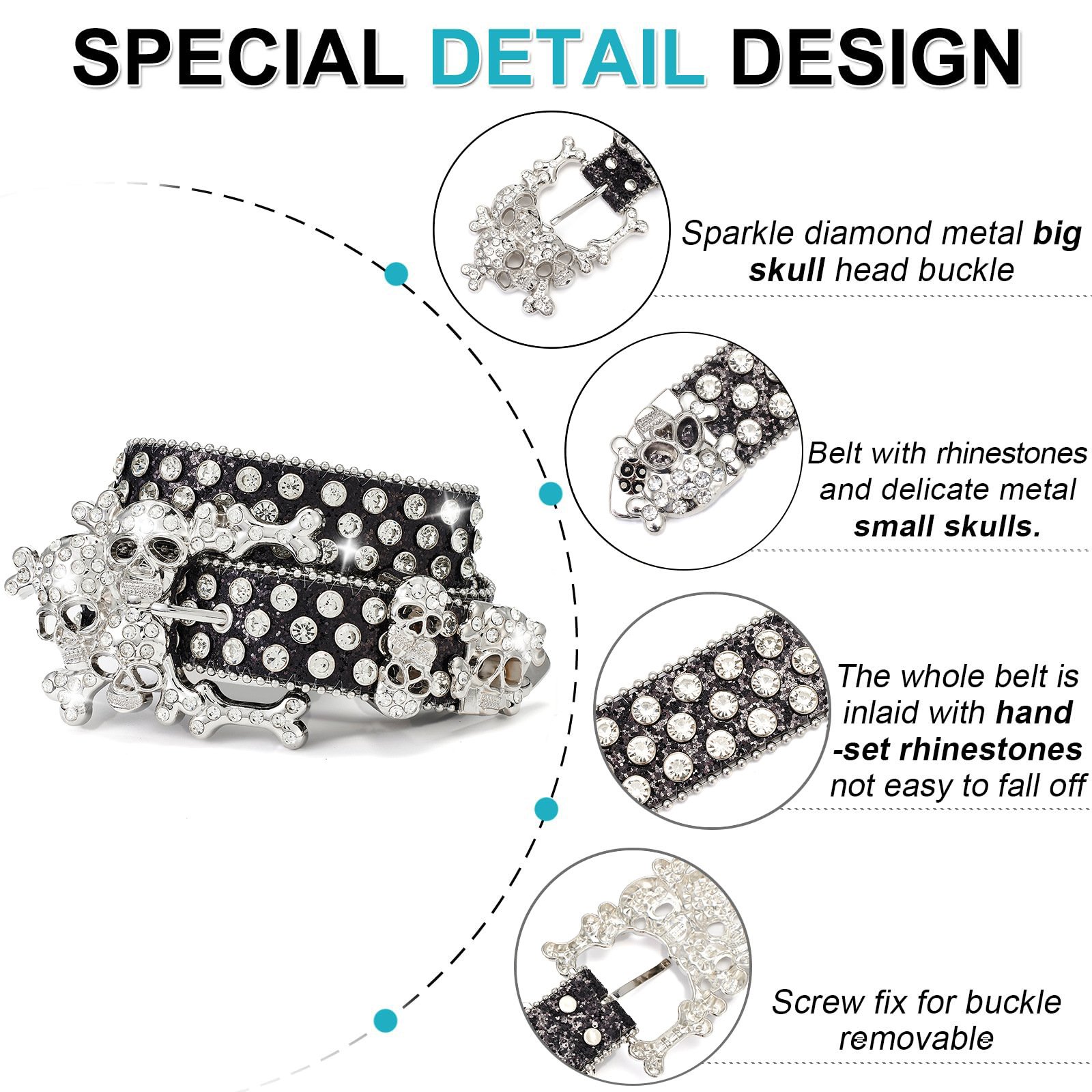 Women's Fashion Wide Skeleton Head Water Diamond Pants Belt Decorative Alloy Buckle Western Leather Belt for Use Man Belt