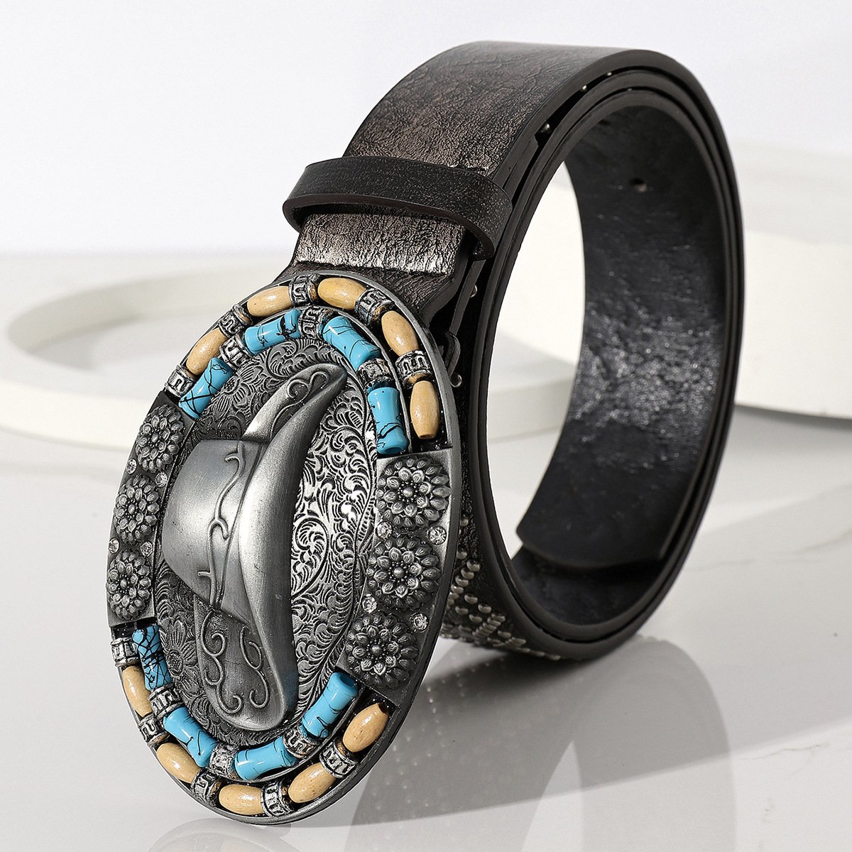 FM Western wind hat hardware retro carved dot drill style white on ethnic wind decoration custom belt buckles punk belt
