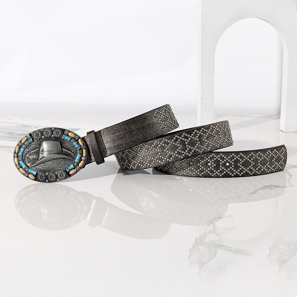 FM Western wind hat hardware retro carved dot drill style white on ethnic wind decoration custom belt buckles punk belt