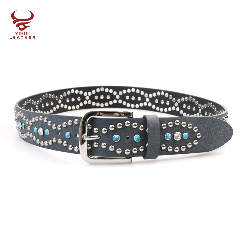 Designer Pin Buckle Bling Bling Mushroom Rivets Pants Belt for Women New Fashion 39mm Width Studded Turquoise Rhinestone Belt