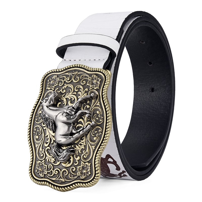 American Western Denim Vintage Carved Buckle Belt White Trendy Horse Pattern Pu Leather Personality Ethnic Belt