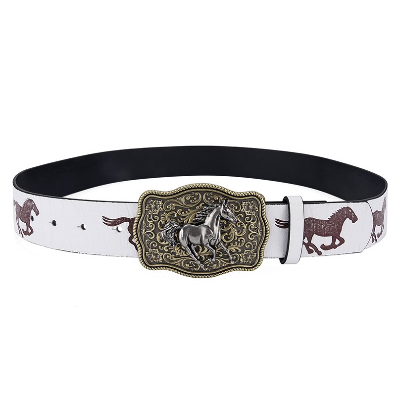American Western Denim Vintage Carved Buckle Belt White Trendy Horse Pattern Pu Leather Personality Ethnic Belt