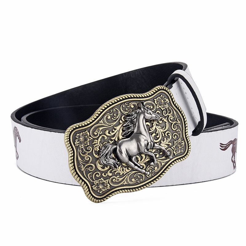 American Western Denim Vintage Carved Buckle Belt White Trendy Horse Pattern Pu Leather Personality Ethnic Belt