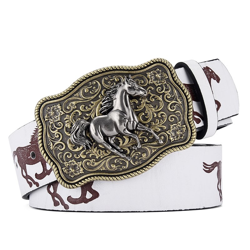 American Western Denim Vintage Carved Buckle Belt White Trendy Horse Pattern Pu Leather Personality Ethnic Belt