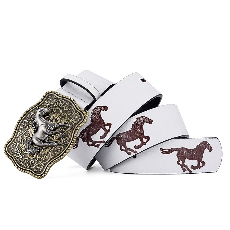 American Western Denim Vintage Carved Buckle Belt White Trendy Horse Pattern Pu Leather Personality Ethnic Belt