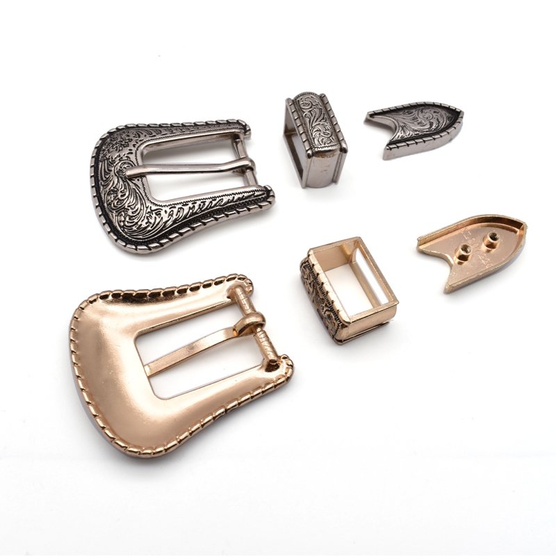20mm zinc alloy 3 piece western pin belt buckle set with flower engraved design belt buckle men
