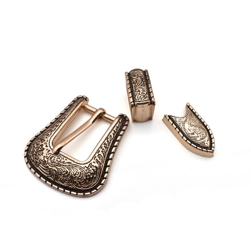 20mm zinc alloy 3 piece western pin belt buckle set with flower engraved design belt buckle men