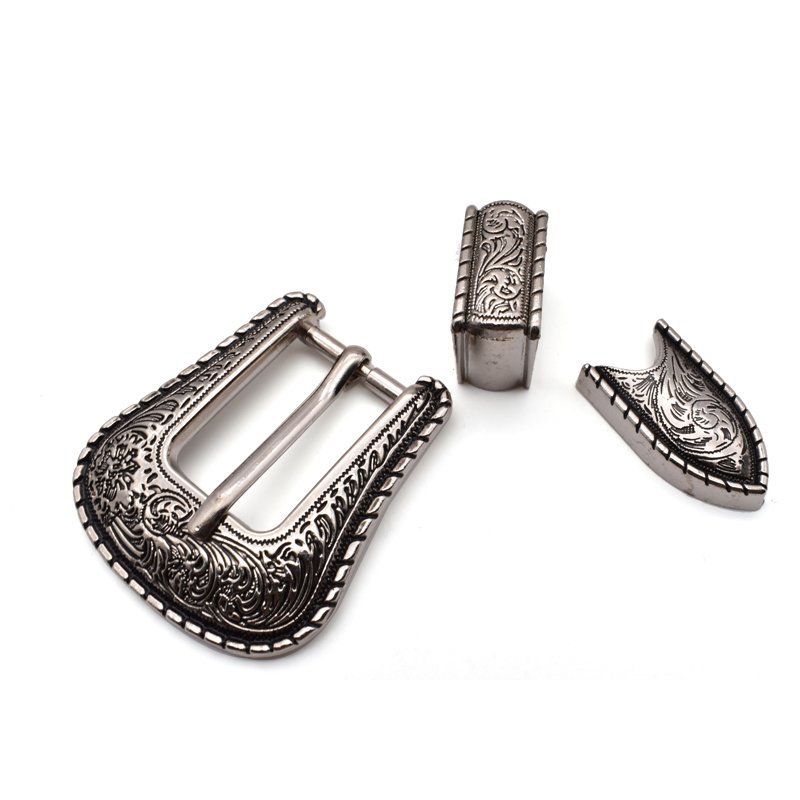 20mm zinc alloy 3 piece western pin belt buckle set with flower engraved design belt buckle men