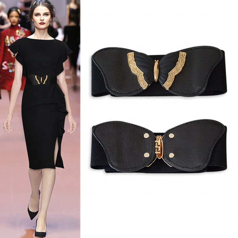 Ladies Fashion Wide Elastic Belt Four Seasons Matching Butterfly Decoration Pair Buckle Belt