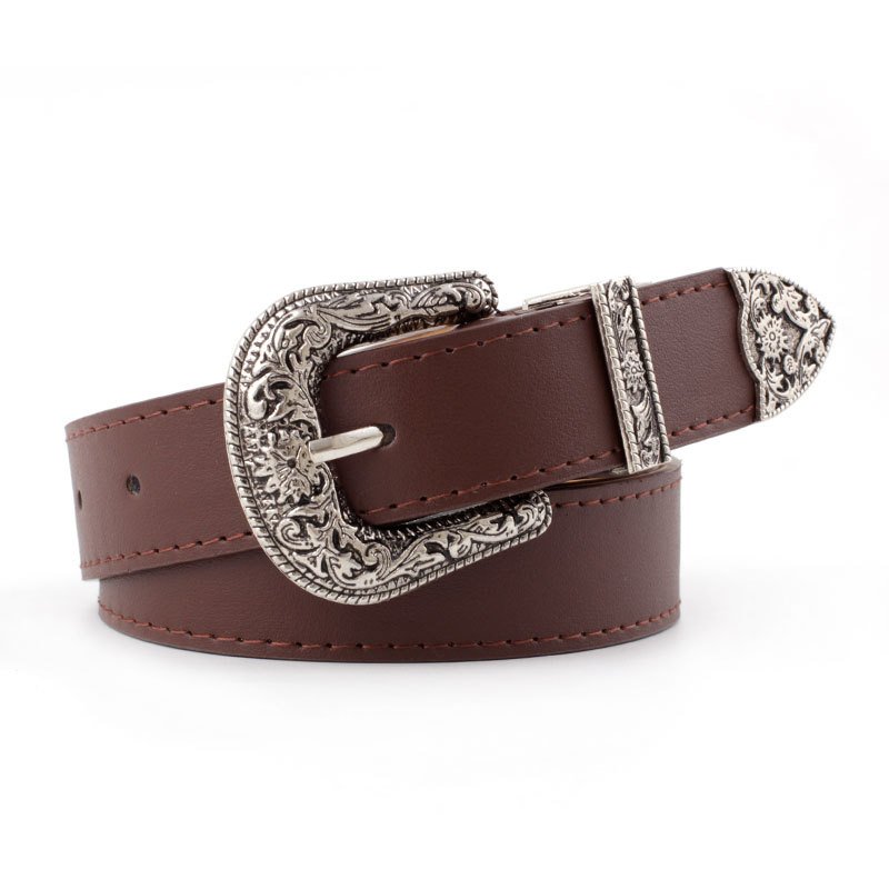 Factory Sale Welcome Custom Women's Carved Belt Western Vintage Style PU Leather Belt Metal Buckles Waist Belts for Jeans Dress