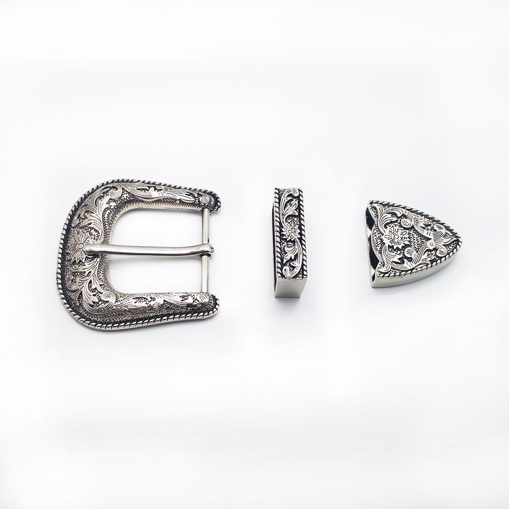 wholesale western cowboy 3 piece buckle set 38mm vintage antique silver western belt buckle with screw