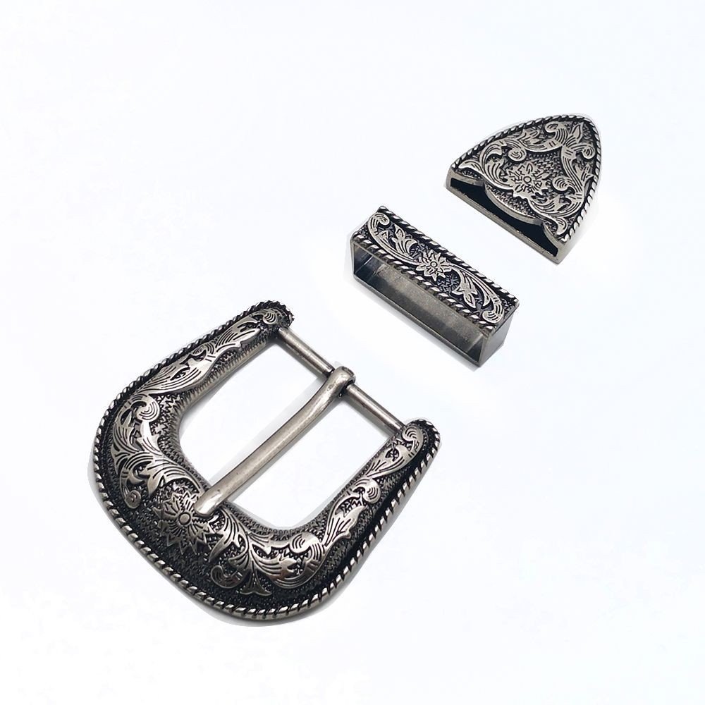 wholesale western cowboy 3 piece buckle set 38mm vintage antique silver western belt buckle with screw