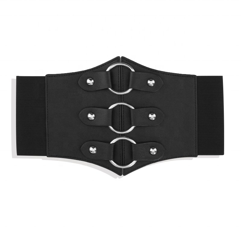 Hot Sale Trendy Ladies Faux PU Leather Corset Iron Ring Round Buckle Super Wide Stretch Belt