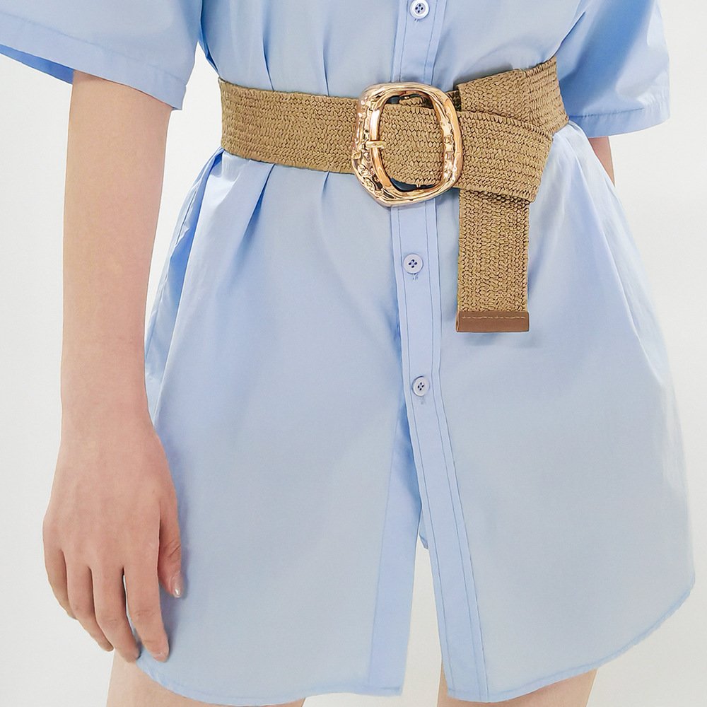 RW New Creative Simple Design Wide Straw Belt With Gold Irregular Square Pin buckle Straw Waist Elastic Belts For Woman Ladies