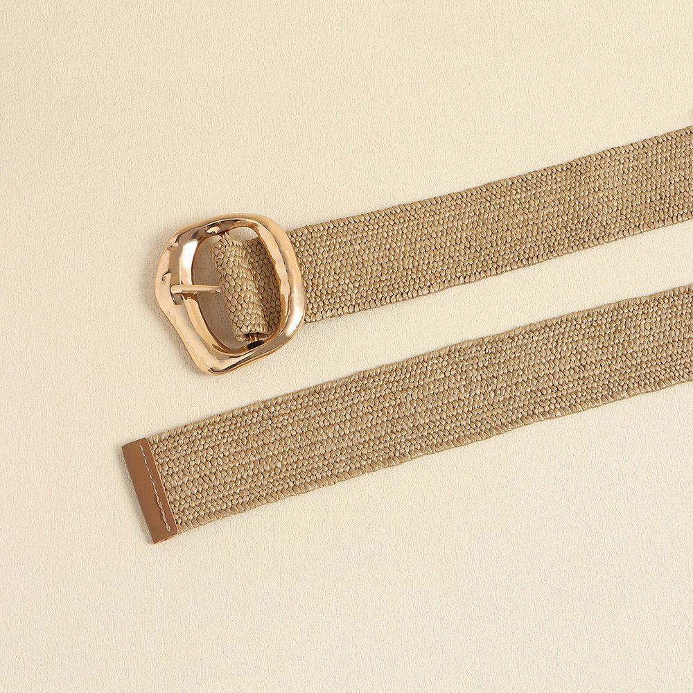 RW New Creative Simple Design Wide Straw Belt With Gold Irregular Square Pin buckle Straw Waist Elastic Belts For Woman Ladies
