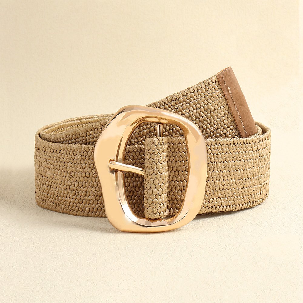 RW New Creative Simple Design Wide Straw Belt With Gold Irregular Square Pin buckle Straw Waist Elastic Belts For Woman Ladies