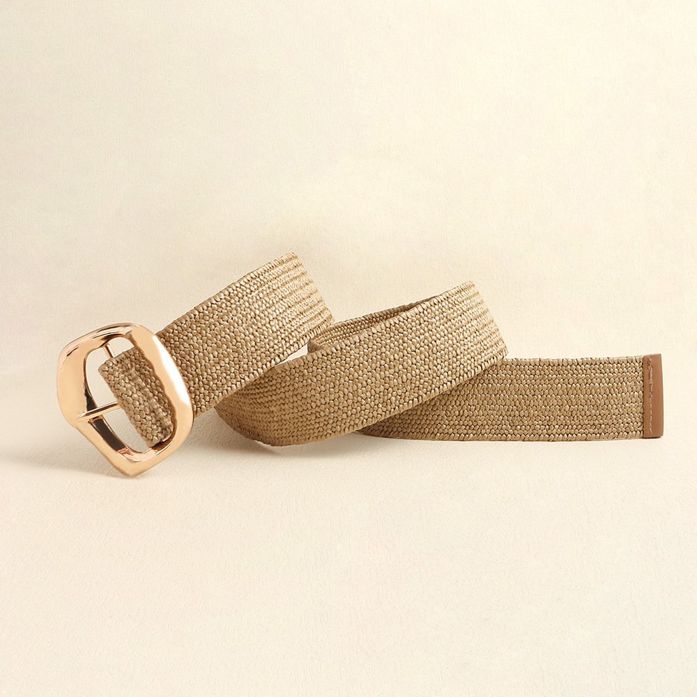 RW New Creative Simple Design Wide Straw Belt With Gold Irregular Square Pin buckle Straw Waist Elastic Belts For Woman Ladies