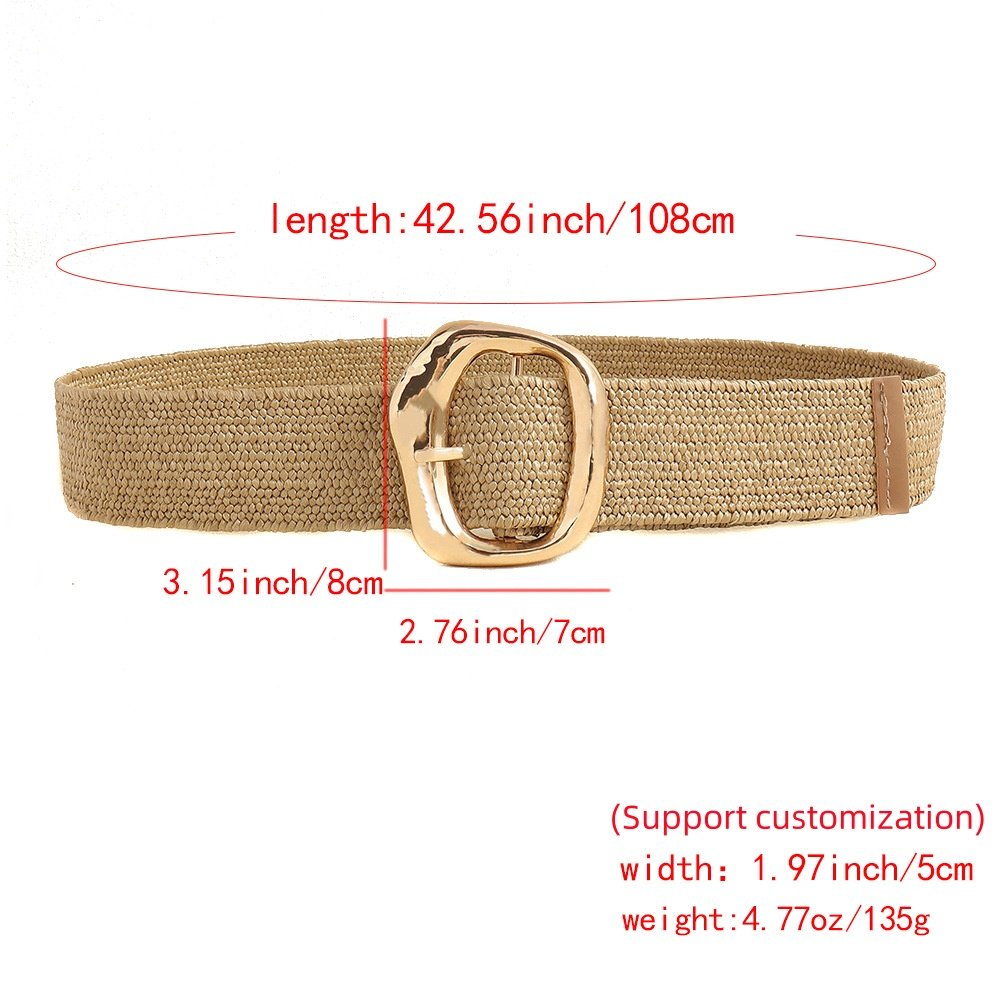RW New Creative Simple Design Wide Straw Belt With Gold Irregular Square Pin buckle Straw Waist Elastic Belts For Woman Ladies