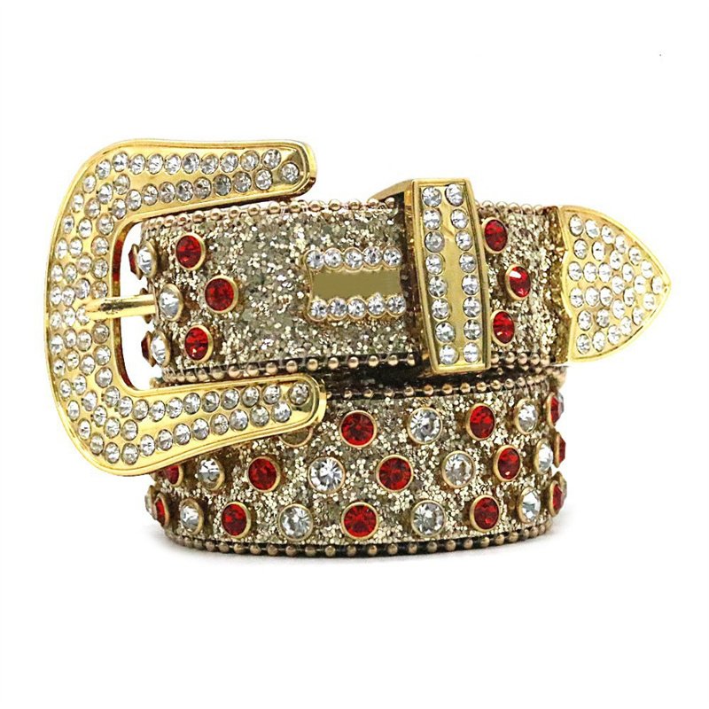 Designer PU leather fur waist belts western flower alloy metal buckle studded rhinestone belt for men