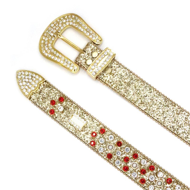 Designer PU leather fur waist belts western flower alloy metal buckle studded rhinestone belt for men
