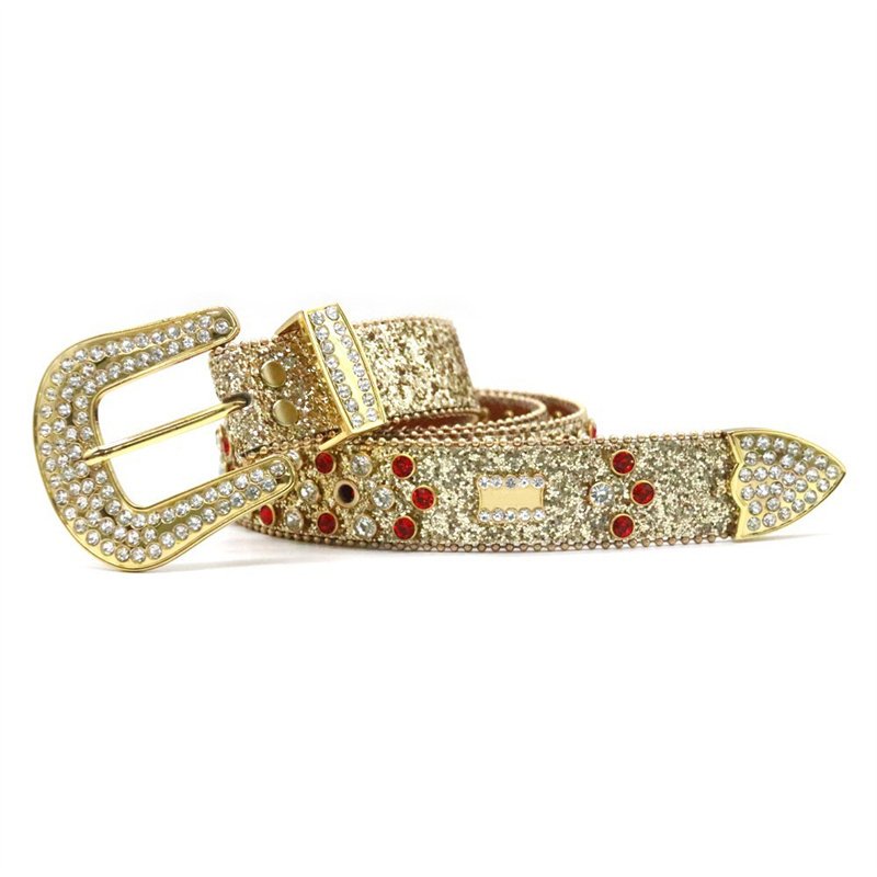 Designer PU leather fur waist belts western flower alloy metal buckle studded rhinestone belt for men
