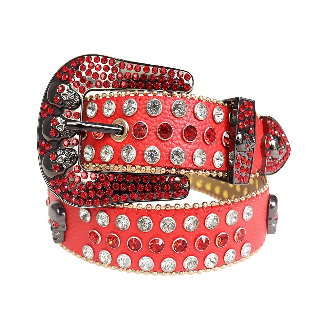 Western Cowboy Bling BB Men's Diamond Rhinestone Studded Belt Custom Skull Alloy Buckle Casual PU Material Adult Size