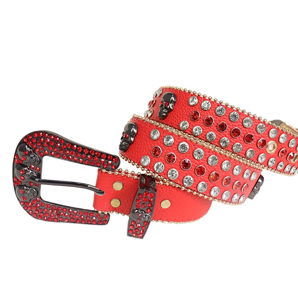Western Cowboy Bling BB Men's Diamond Rhinestone Studded Belt Custom Skull Alloy Buckle Casual PU Material Adult Size