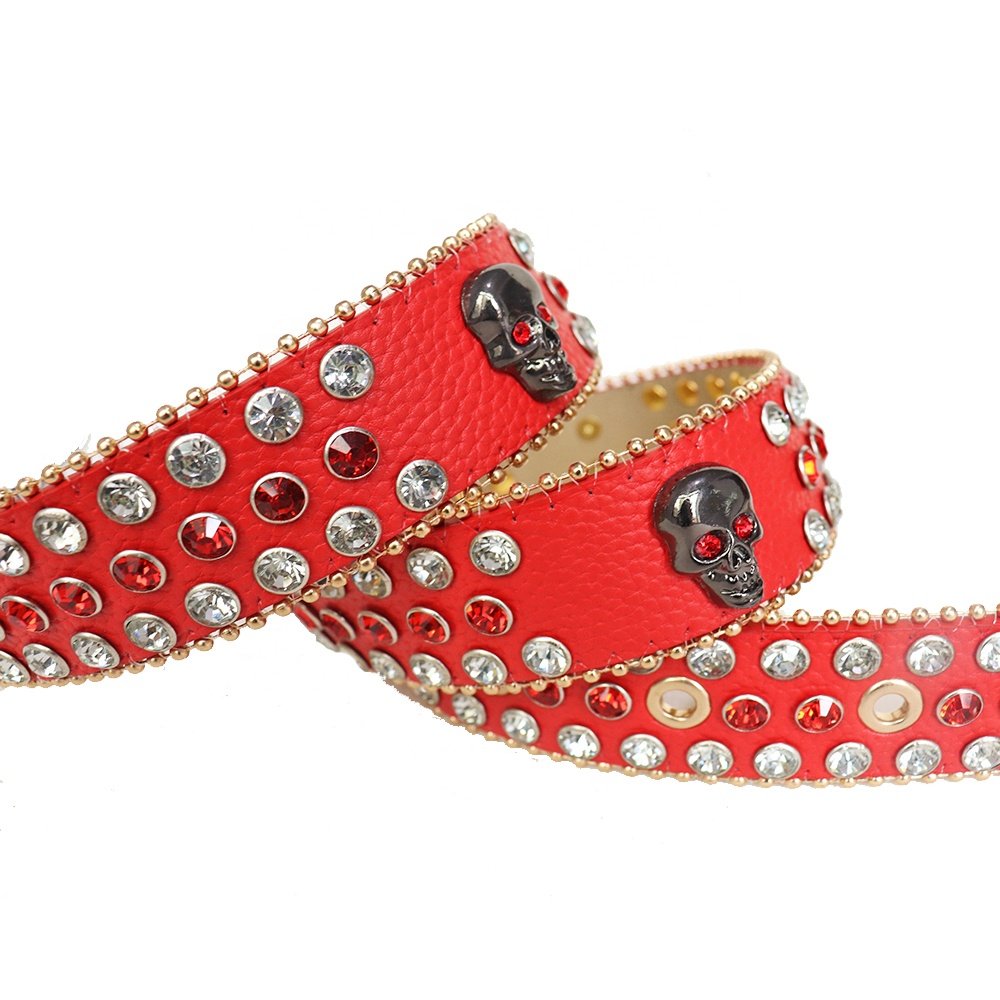 Western Cowboy Bling BB Men's Diamond Rhinestone Studded Belt Custom Skull Alloy Buckle Casual PU Material Adult Size