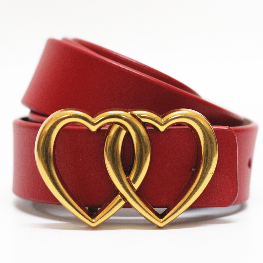 RW 2024 Fashion Unisex Bronze Double Heart Buckle Genuine Leather Belt Men Women Real Cow Leather Waist Belts