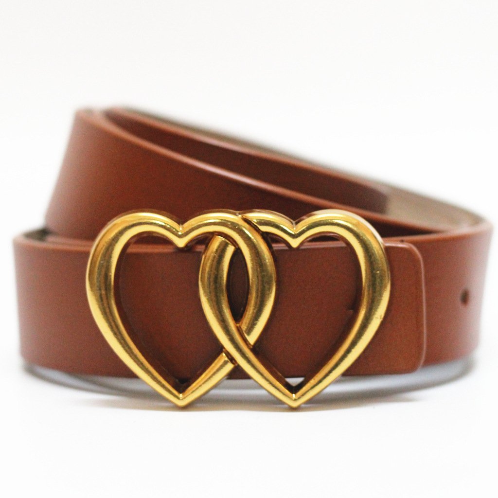 RW 2024 Fashion Unisex Bronze Double Heart Buckle Genuine Leather Belt Men Women Real Cow Leather Waist Belts